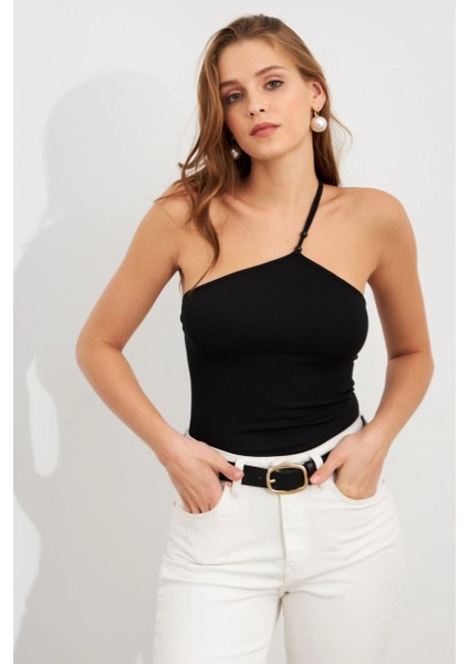 Kadın Siyah İp Askılı Çıtçıtlı Body ZH014 modelleri