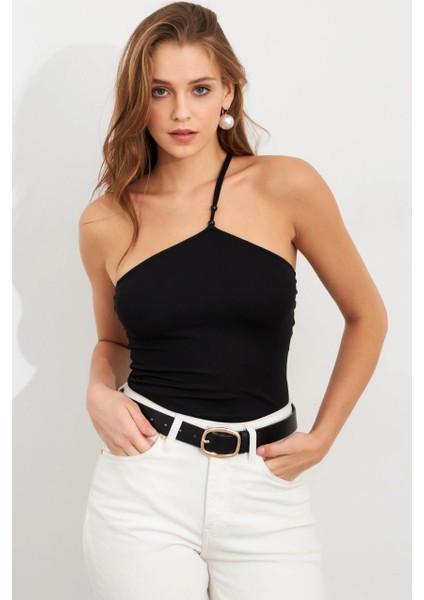 Kadın Siyah İp Askılı Çıtçıtlı Body ZH014 fırsatları