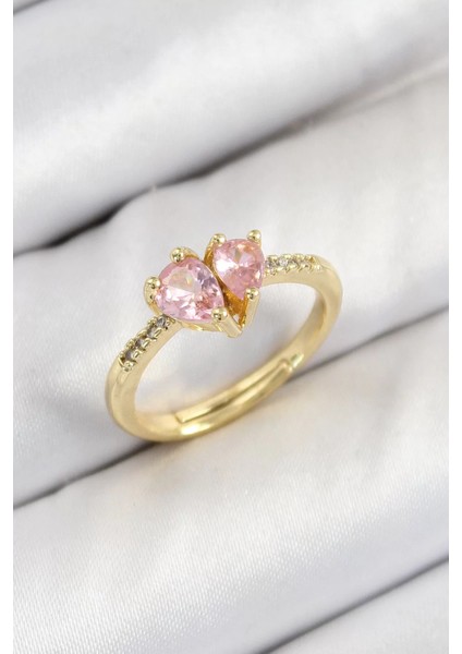 Pirinç Zirkon Taşlı Pembe Kalp Model Gold Renk Kadın Yüzük
