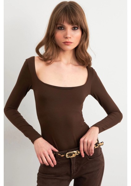 Kadın Acı-Kahve Kayık Yaka Basic Body CY352