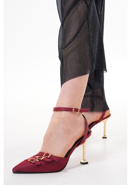 Bordo Çizgili Saten 8,5 cm Altın Topuklu Arkadan Bantlı Stiletto Topuklu Ayakkabı 5927 fırsatları