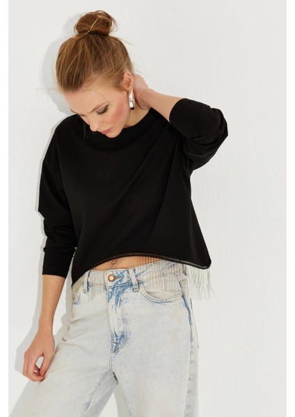 Kadın Siyah Zincirli Asimetrik Sweatshirt EY2664 modelleri