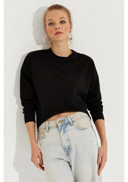 Kadın Siyah Zincirli Asimetrik Sweatshirt EY2664 fırsatları