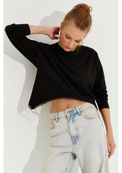 Kadın Siyah Zincirli Asimetrik Sweatshirt EY2664 indirimleri
