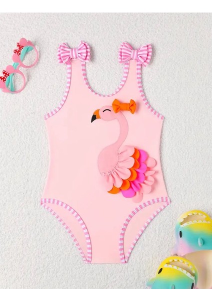 Kız Çocuk Pembe Flamingo Desenli Tek Parça Mayo – Fırfır ve Fiyonk Detaylı Yazlık Plaj ve Havuz Mayo