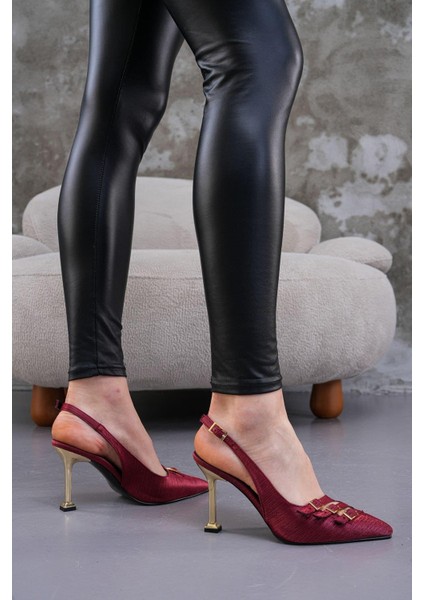 Bordo Çizgili Saten 8,5 cm Altın Topuklu Arkası Açık Tokalı Stiletto Topuklu Ayakkabı 5928