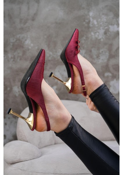 Bordo Çizgili Saten 8,5 cm Altın Topuklu Arkası Açık Tokalı Stiletto Topuklu Ayakkabı 5928 fiyatları