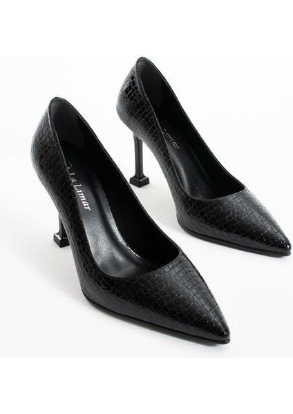 8,5 cm Siyah Yılan Derisi Desenli Stiletto Topuklu Ayakkabı fırsatları