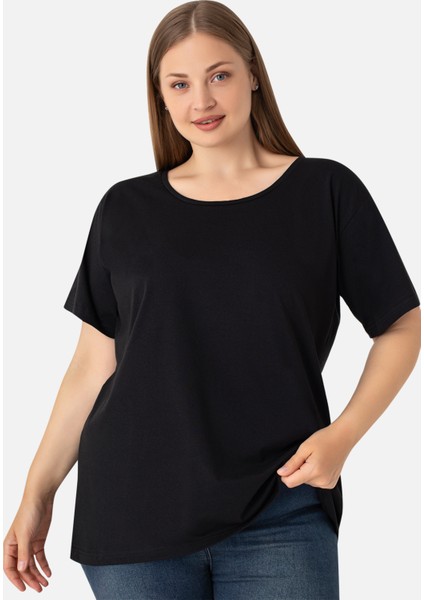 Kadın Siyah Büyük Beden Bisiklet Yaka Pamuklu Likralı Esnek Kısa Kollu Tişört