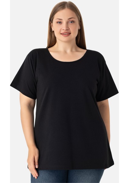 Kadın Siyah Büyük Beden Bisiklet Yaka Pamuklu Likralı Esnek Kısa Kollu Tişört modelleri