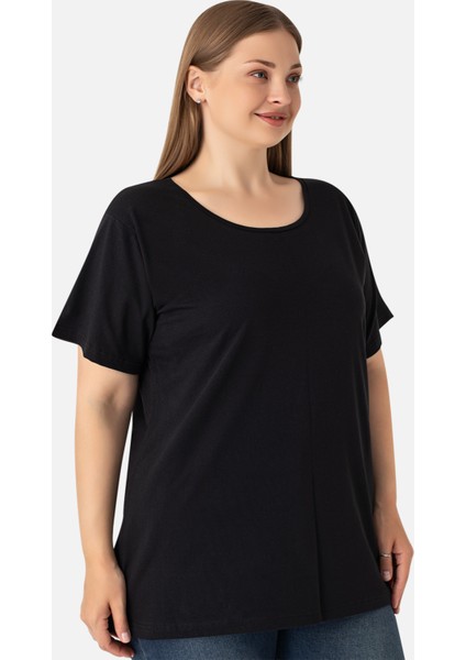 Kadın Siyah Büyük Beden Bisiklet Yaka Pamuklu Likralı Esnek Kısa Kollu Tişört fırsatları