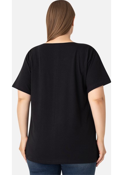 Kadın Siyah Büyük Beden Bisiklet Yaka Pamuklu Likralı Esnek Kısa Kollu Tişört indirimleri