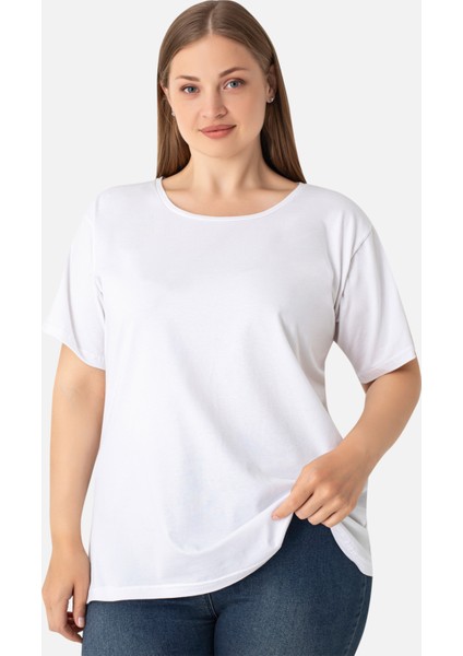Kadın Beyaz Büyük Beden Bisiklet Yaka Pamuklu Likralı Esnek Kısa Kollu Tişört