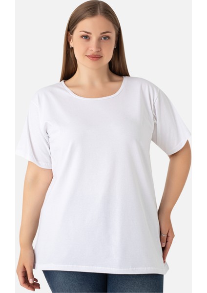 Kadın Beyaz Büyük Beden Bisiklet Yaka Pamuklu Likralı Esnek Kısa Kollu Tişört modelleri