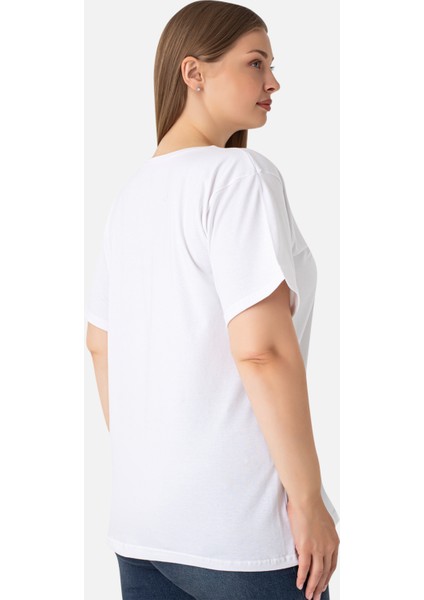 Kadın Beyaz Büyük Beden Bisiklet Yaka Pamuklu Likralı Esnek Kısa Kollu Tişört indirimleri