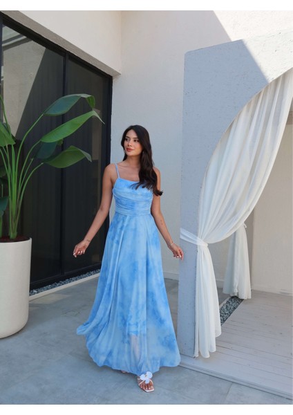 Askılı Drapeli Şifon Elbise