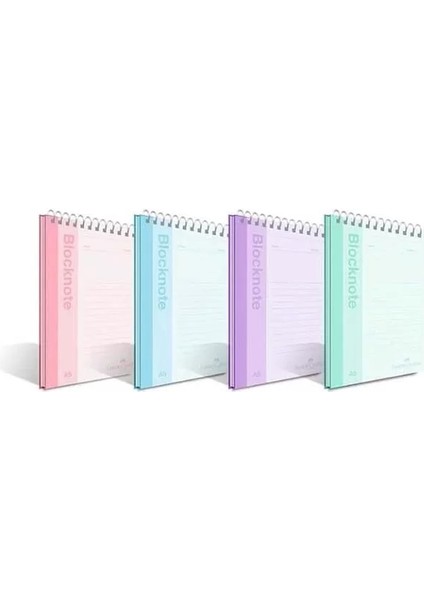 Pastel Renk Bloknot, A4, 80 Yaprak, Düz Sayfa, Karton Kapak, Spiral Cilt, 70G Kağıt