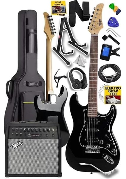 RPH-40BK-50AMP Full Black 50W Şarjlı Bt Amfili Elektro Gitar Seti Hsh Manyetik Maple Klavye
