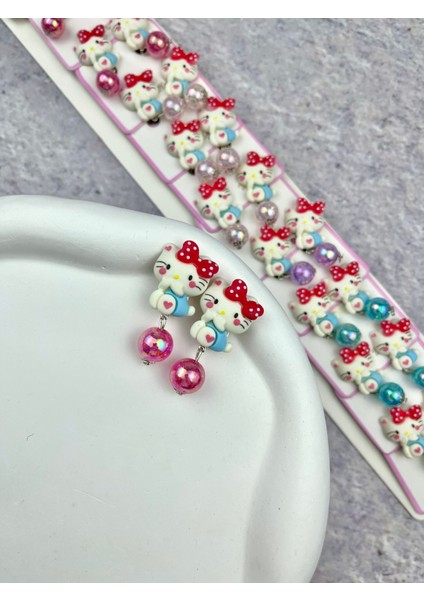 Hello Kittyli Klipsli Küpe Deliksiz Kulak Küpesi