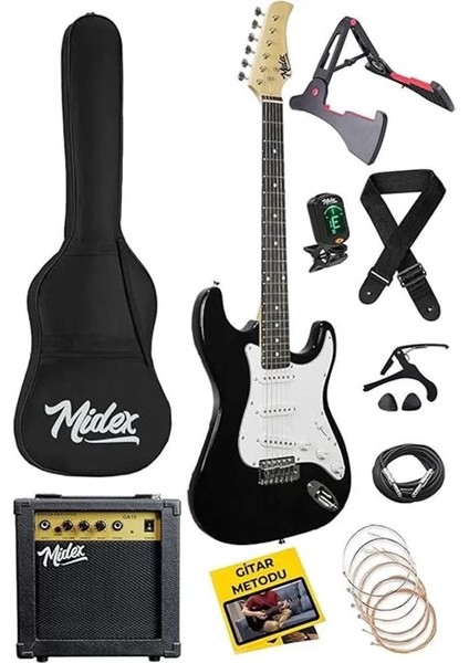 AGE-80BK Amfili Full Elektro Gitar Seti 4/4 Yetişkin 39 Inç White Black