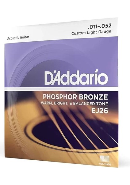 D'addario EJ26 Akustik Gitar Tel Seti, Phosphor-Bronze, Custom Li