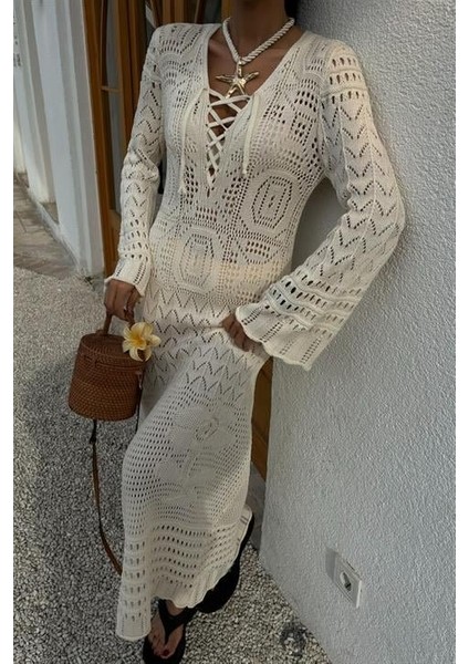 Birit Detaylı Ajurlu Elbise 2838 Ekru-Std indirimleri