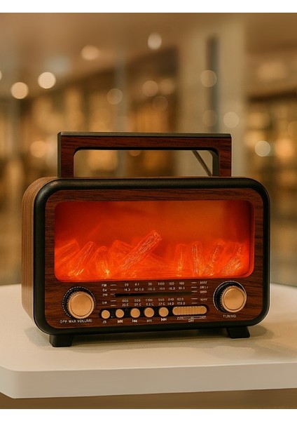 Nostaljik Radyo Bluetooth Şömine Görünümlü Hareketli Alev Efektli LED Işıklı Solar Güneş Enerjili