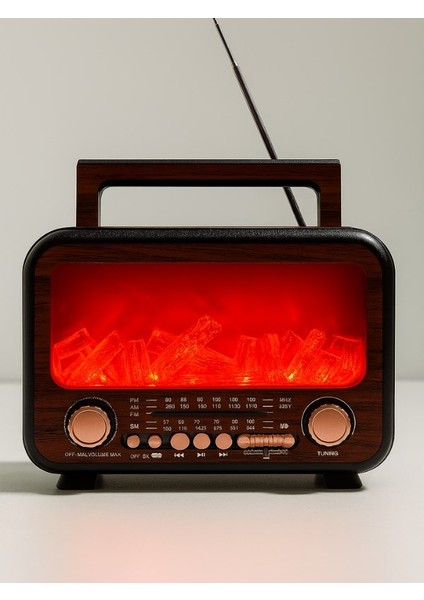 Nostaljik Radyo Bluetooth Şömine Görünümlü Hareketli Alev Efektli LED Işıklı Solar Güneş Enerjili fiyatları