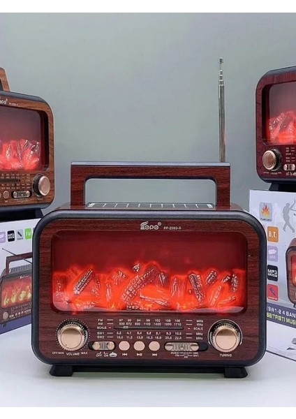 Nostaljik Radyo Bluetooth Şömine Görünümlü Hareketli Alev Efektli LED Işıklı Solar Güneş Enerjili modelleri