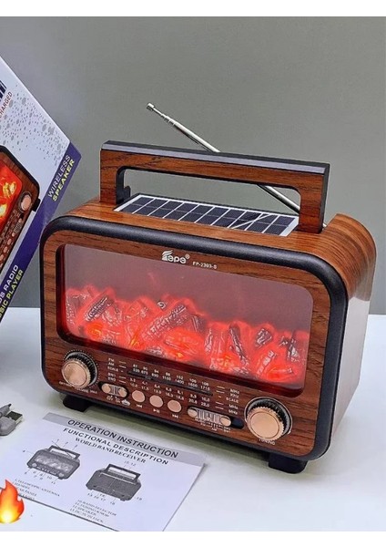 Nostaljik Radyo Bluetooth Şömine Görünümlü Hareketli Alev Efektli LED Işıklı Solar Güneş Enerjili fırsatları