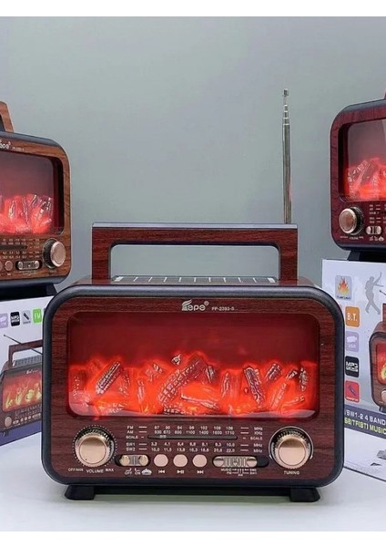 Nostaljik Radyo Bluetooth Şömine Görünümlü Hareketli Alev Efektli LED Işıklı Solar Güneş Enerjili indirimleri