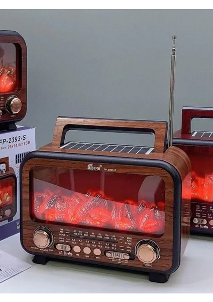 Nostaljik Radyo Bluetooth Şömine Görünümlü Hareketli Alev Efektli LED Işıklı Solar Güneş Enerjili