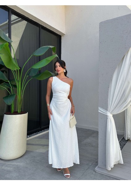 Tek Omuz Dantel Dokulu Büzgülü Elbise fırsatları