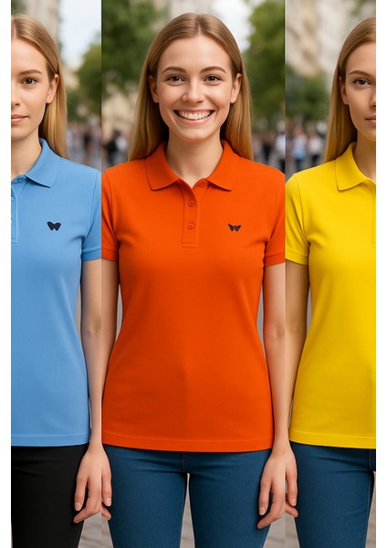 Kadın 3 Lü Paket Basic Kısa Kol Düz Polo Yaka Tişört