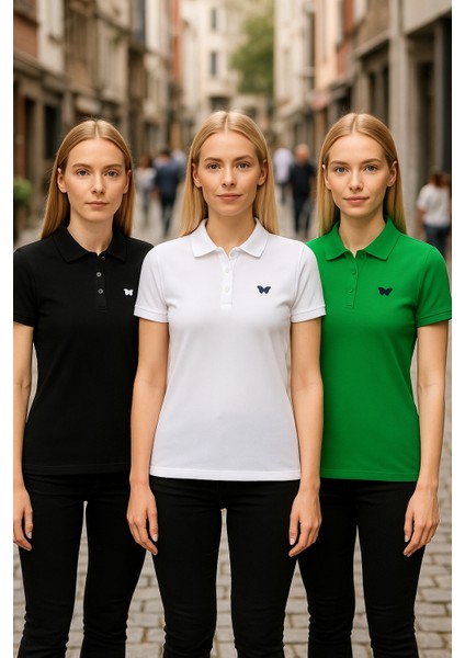 Kadın 3 Lü Paket Basic Kısa Kol Düz Polo Yaka Tişört