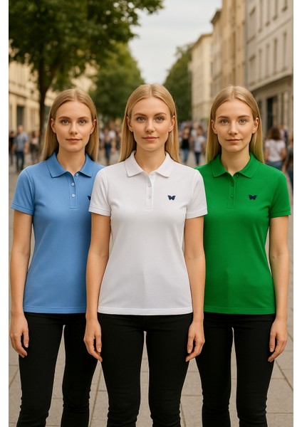 Kadın 3 Lü Paket Basic Kısa Kol Düz Polo Yaka Tişört