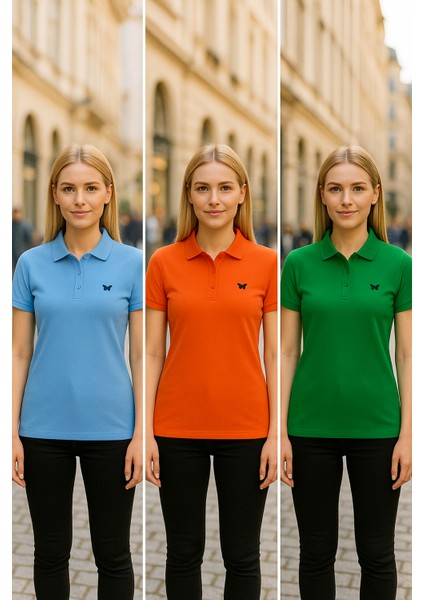 Kadın 3 Lü Paket Basic Kısa Kol Düz Polo Yaka Tişört