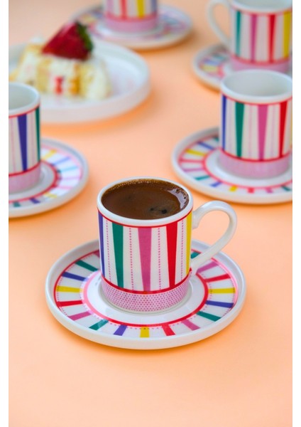 Porselen Color Stripe Kahve Fincan Takımı 90CC 6 Kişilik 12 Parça