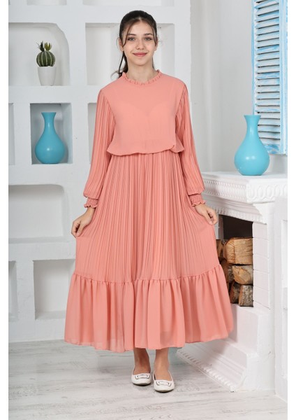 Kız Çocuk Uzun Boydan Pliseli Pamuklu Şifon Uzun Testtür ELBISE-ELB-0045