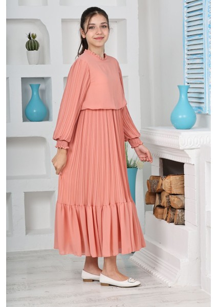 Kız Çocuk Uzun Boydan Pliseli Pamuklu Şifon Uzun Testtür ELBISE-ELB-0045 fiyatları