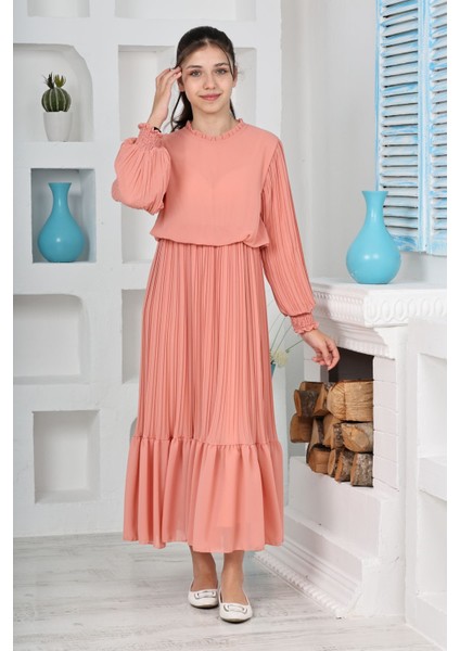 Kız Çocuk Uzun Boydan Pliseli Pamuklu Şifon Uzun Testtür ELBISE-ELB-0045 fırsatları