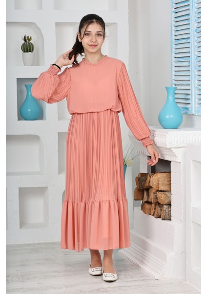 Kız Çocuk Uzun Boydan Pliseli Pamuklu Şifon Uzun Testtür ELBISE-ELB-0045 indirimleri