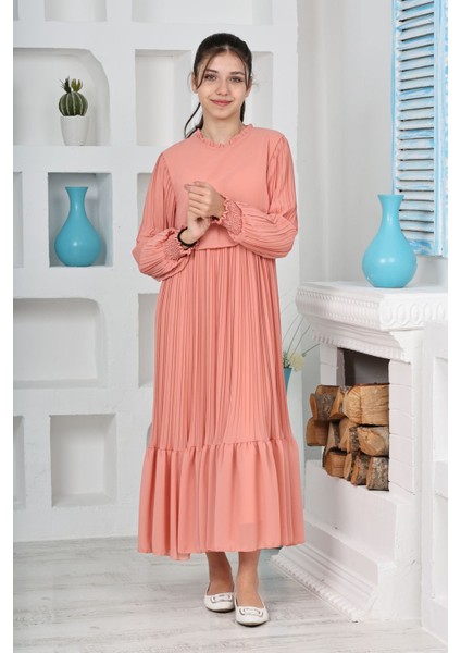 Kız Çocuk Uzun Boydan Pliseli Pamuklu Şifon Uzun Testtür ELBISE-ELB-0045