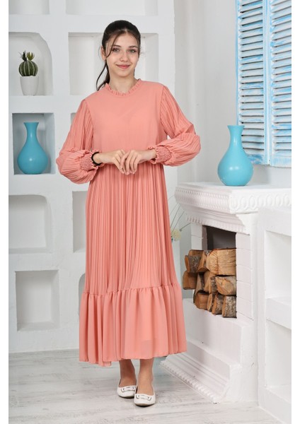 Kız Çocuk Uzun Boydan Pliseli Pamuklu Şifon Uzun Testtür ELBISE-ELB-0045