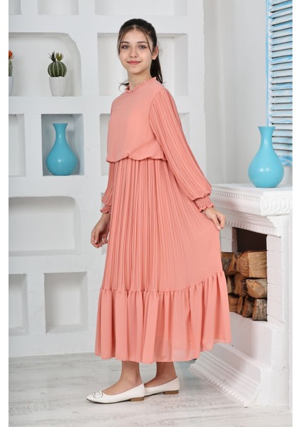 Kız Çocuk Uzun Boydan Pliseli Pamuklu Şifon Uzun Testtür ELBISE-ELB-0045