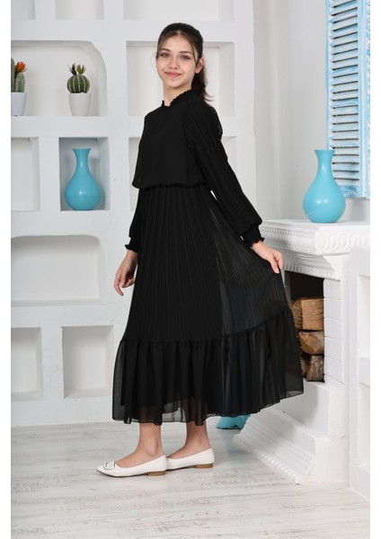 Kız Çocuk Uzun Boydan Pliseli Pamuklu Şifon Uzun Testtür ELBISE-ELB-0045