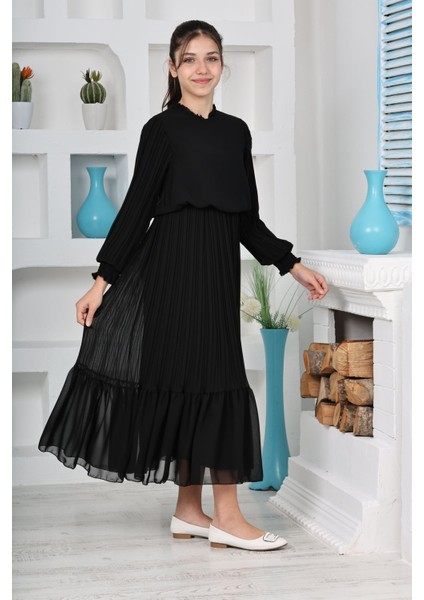 Kız Çocuk Uzun Boydan Pliseli Pamuklu Şifon Uzun Testtür ELBISE-ELB-0045 fırsatları