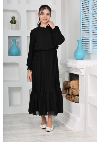 Kız Çocuk Uzun Boydan Pliseli Pamuklu Şifon Uzun Testtür ELBISE-ELB-0045