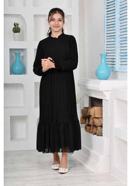 Kız Çocuk Uzun Boydan Pliseli Pamuklu Şifon Uzun Testtür ELBISE-ELB-0045