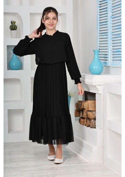 Kız Çocuk Uzun Boydan Pliseli Pamuklu Şifon Uzun Testtür ELBISE-ELB-0045